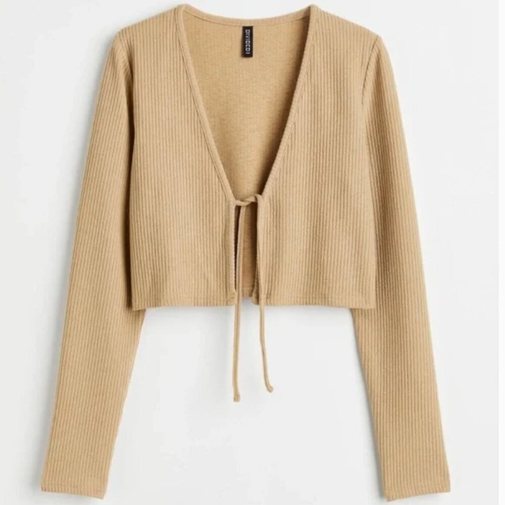 Divided H&M Women's Size Large Cropped Knit Top Cardigan Beige Ribbed Tie Front